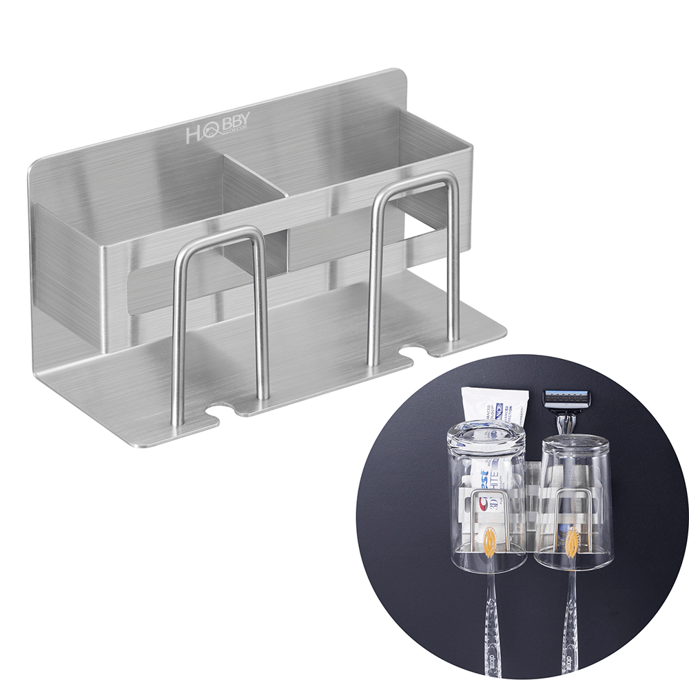 kệ bàn chải 2 ngăn Inox 304 dán tường gạch men HOBBY CD3M